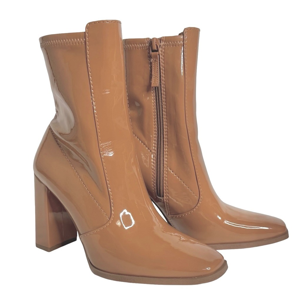 Aldo Noemieflex‎ Patent Block Heel Ankle Sock Boots Camel Tan Womens 6.5